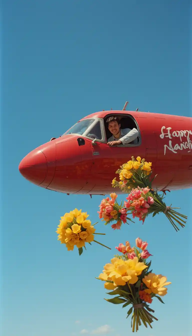 Donna che lancia fiori di primavera da un aereo rosso nel cielo azzurro