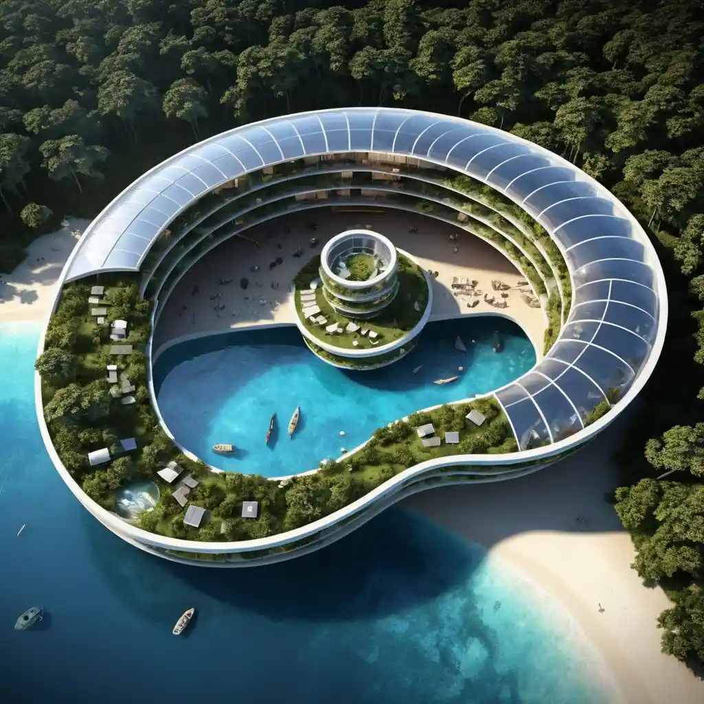 Conceito futurista de resort ecológico em forma de náutilo nas águas costeiras