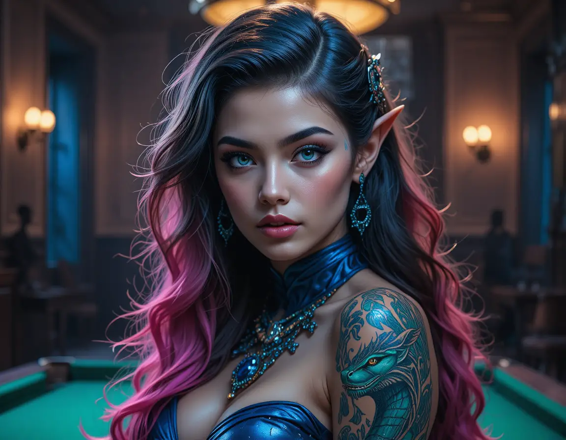 Blue eyed elf girl with serpent tattoo in billiard room