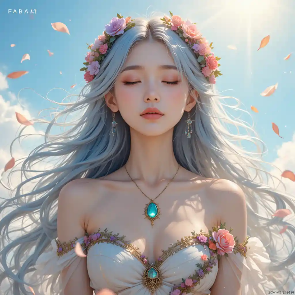 Fantasy-Mädchen mit silberblauen Haaren und Blumenkrone