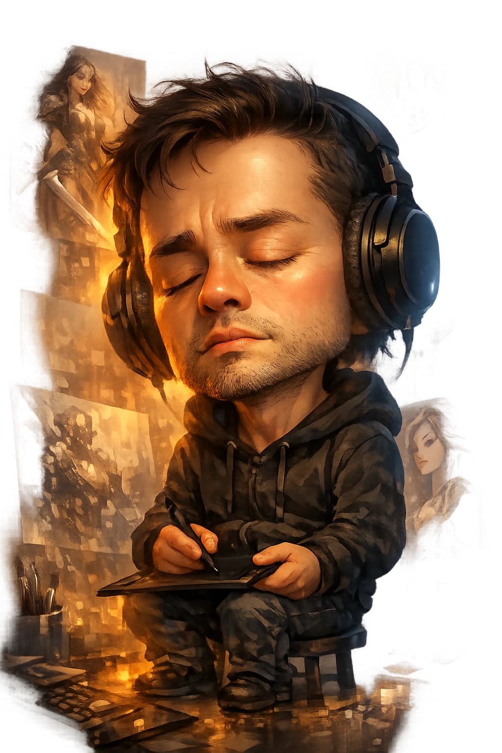Artista digital contemplativo cercado por obras de arte em transformação