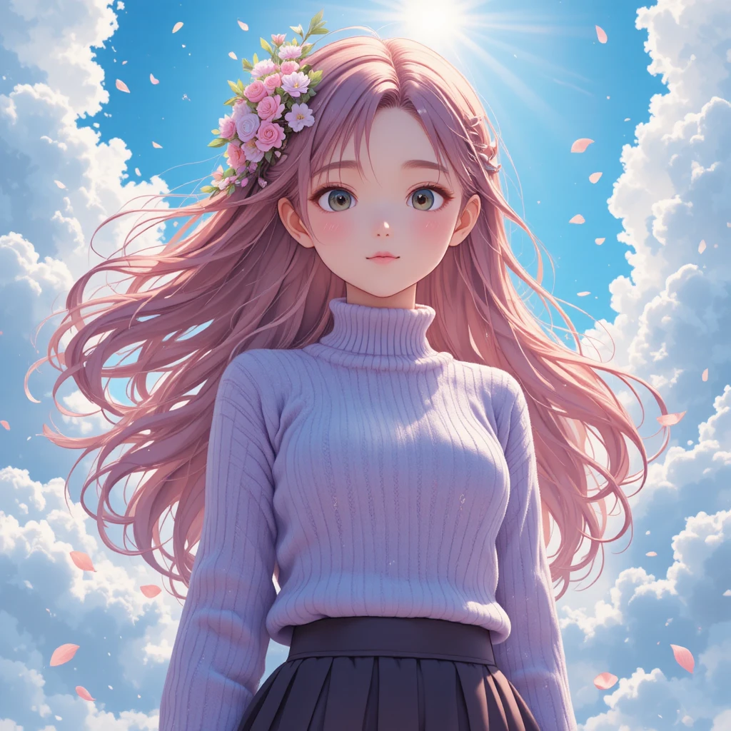 明亮藍天下穿著薰衣草毛衣的動漫女孩