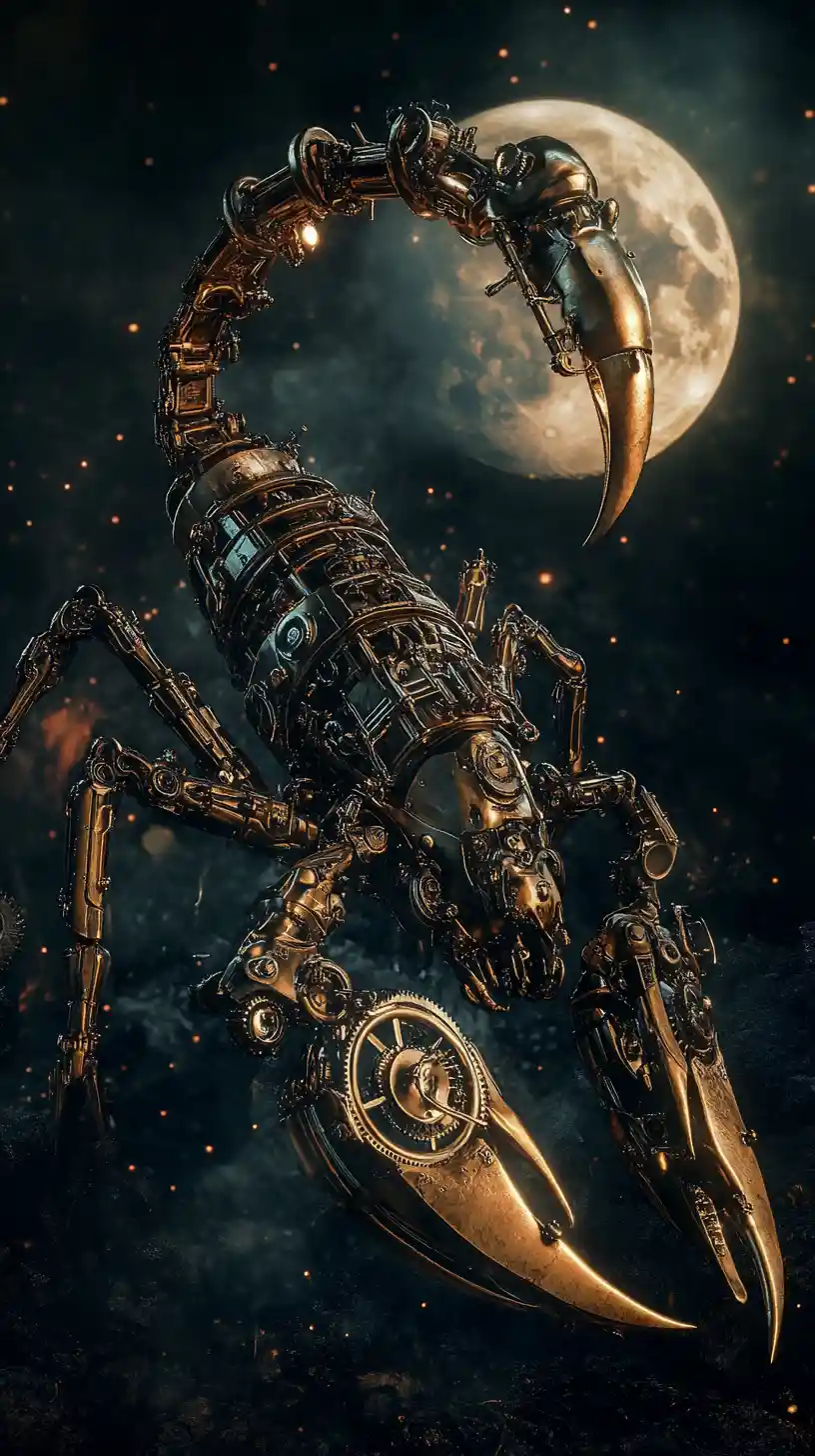 Mechanical steampunk scorpion under a glowing full moon