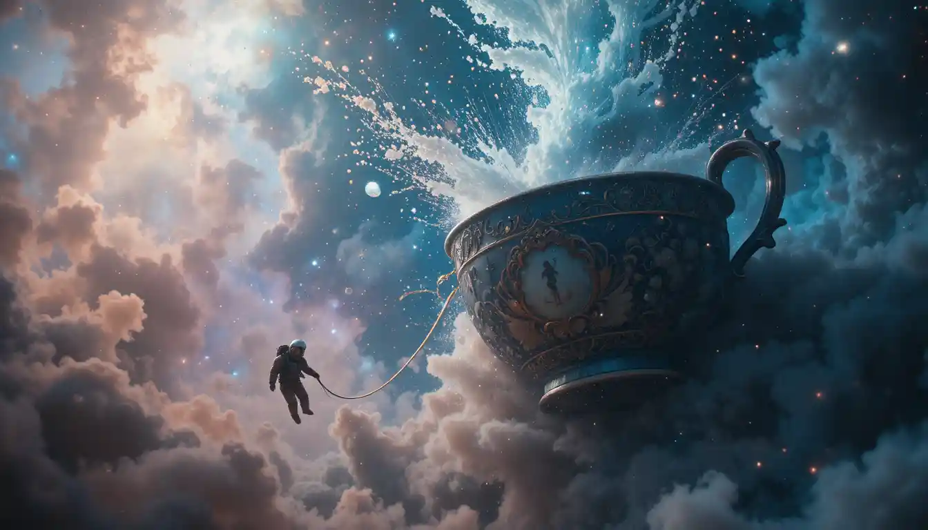 Astronaut Drifting Beside A Colossal Teacup In Deep Space
