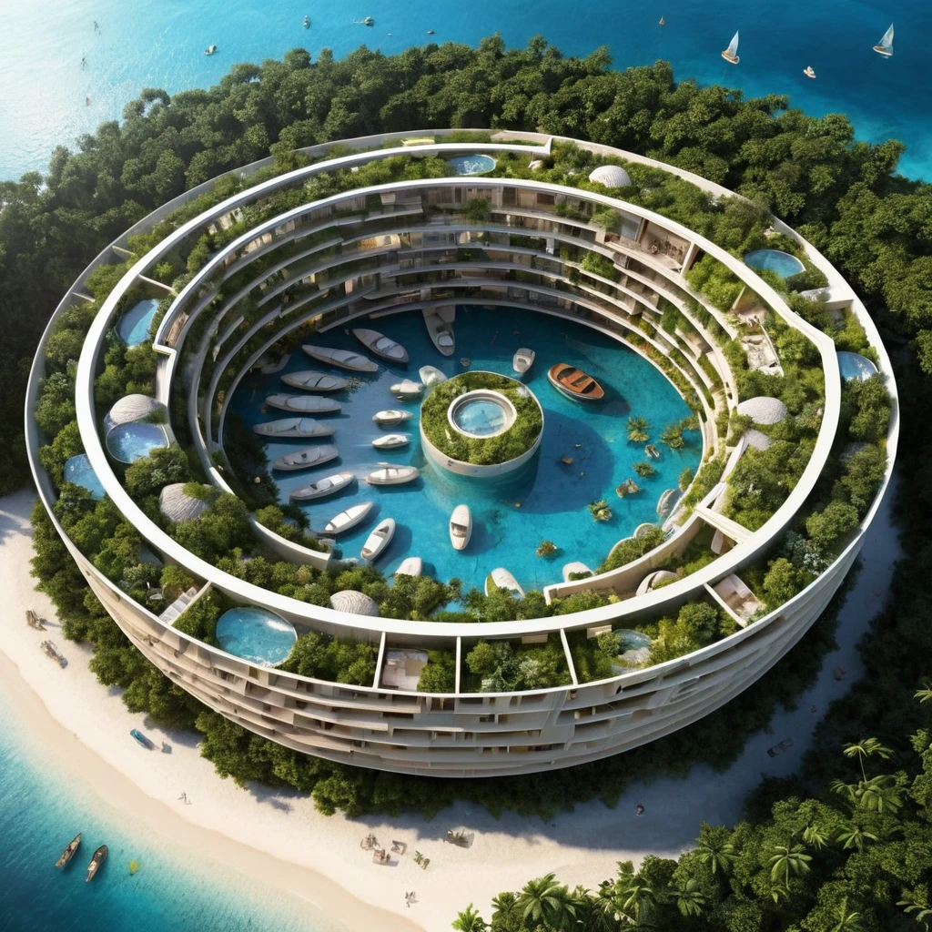 Resort ecológico futurista em forma de náutilo com design inspirado em Fibonacci