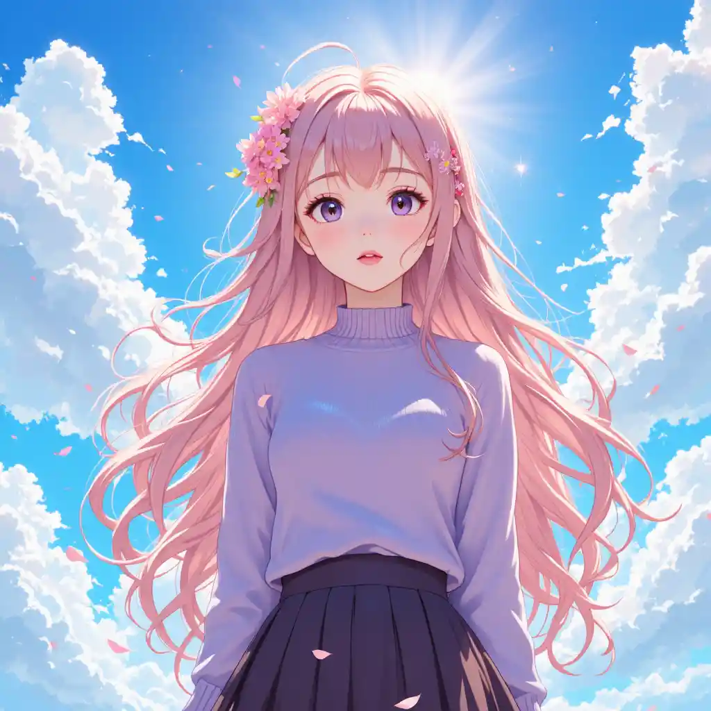 Ragazza anime con fermaglio a fiore sotto un cielo azzurro brillante
