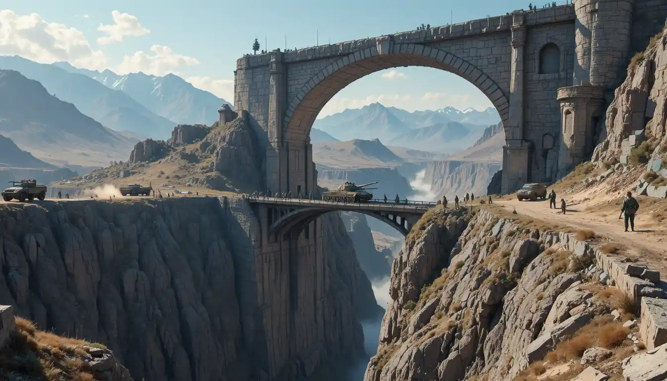 Veicoli militari su un ponte di montagna rocciosa vicino a un antico arco di pietra