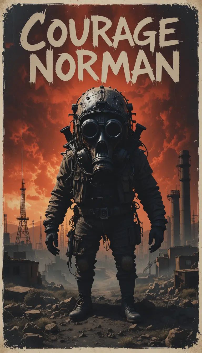 Poster inquietante con maschera antigas su un deserto industrial rosso