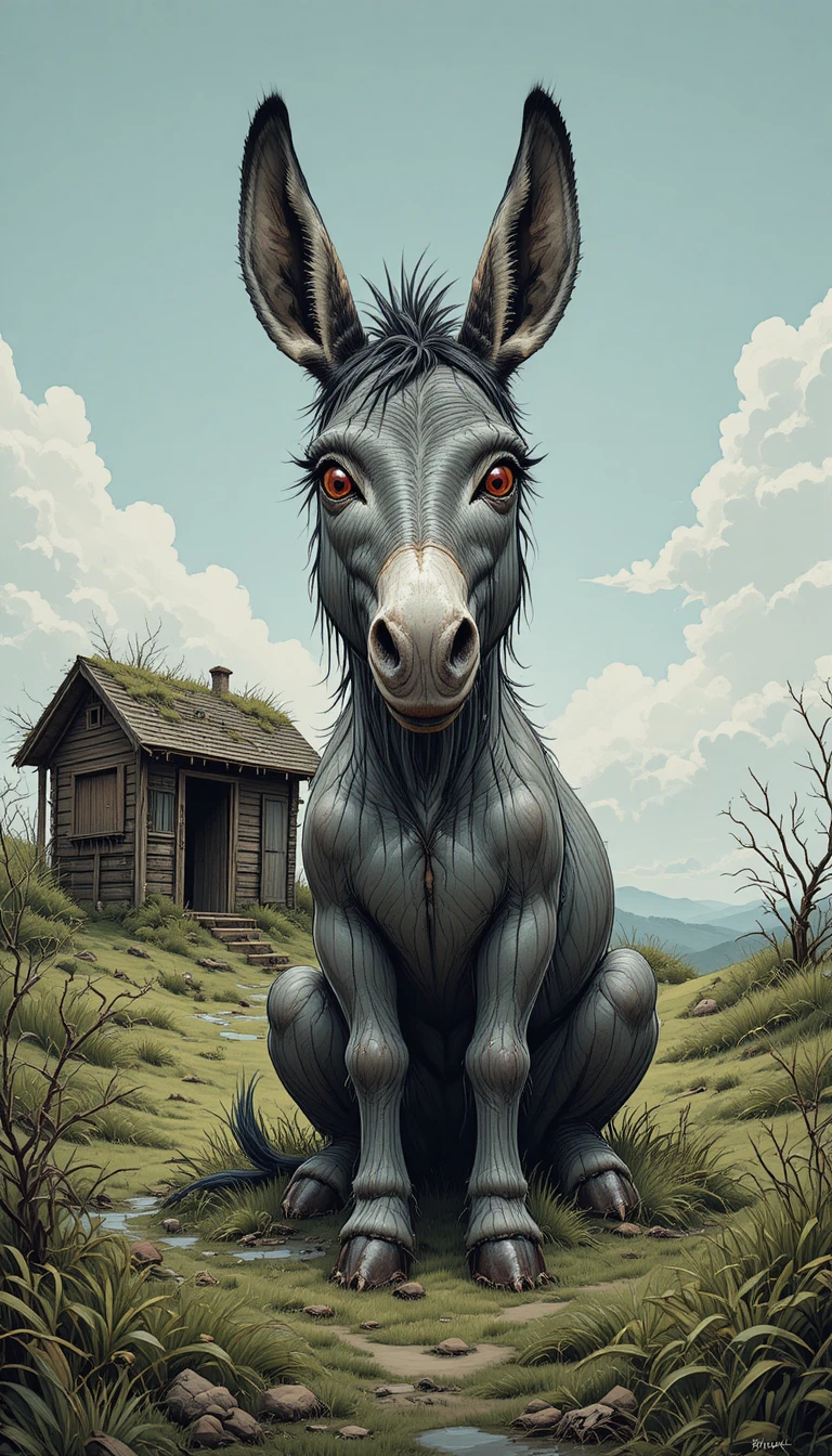 Riesiger grauer Esel mit roten Augen in einem surrealen Feld