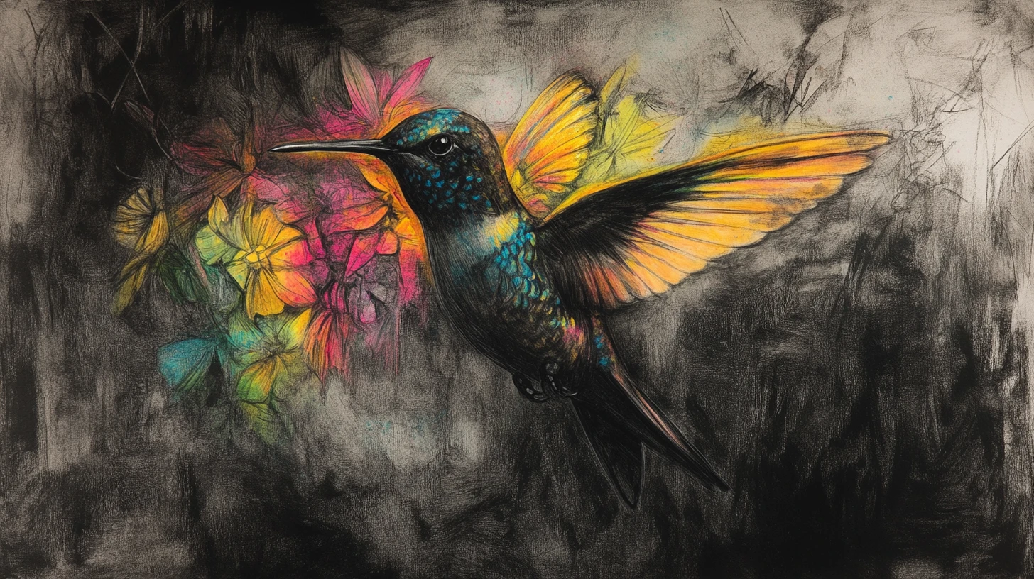 Beija-flor surreal em carvão com penas iridescentes brilhantes