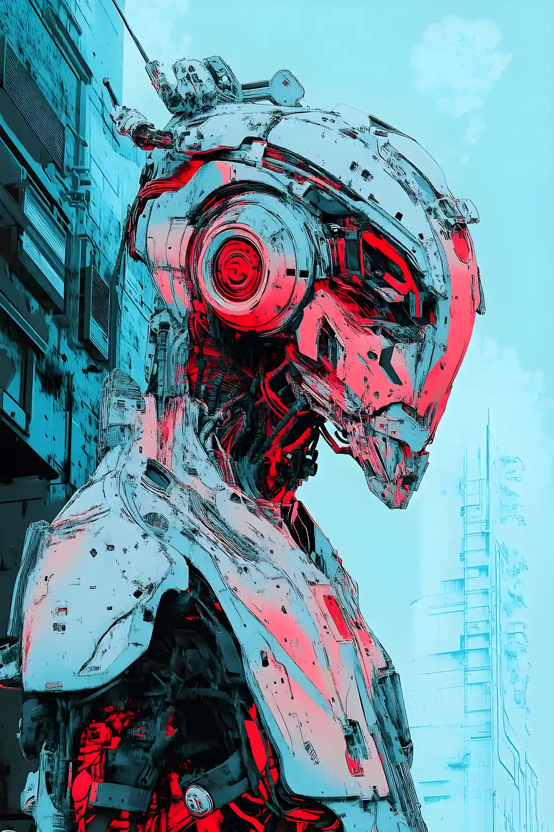 Risograph cyborg lion with eerie shifting 3D silhouettes