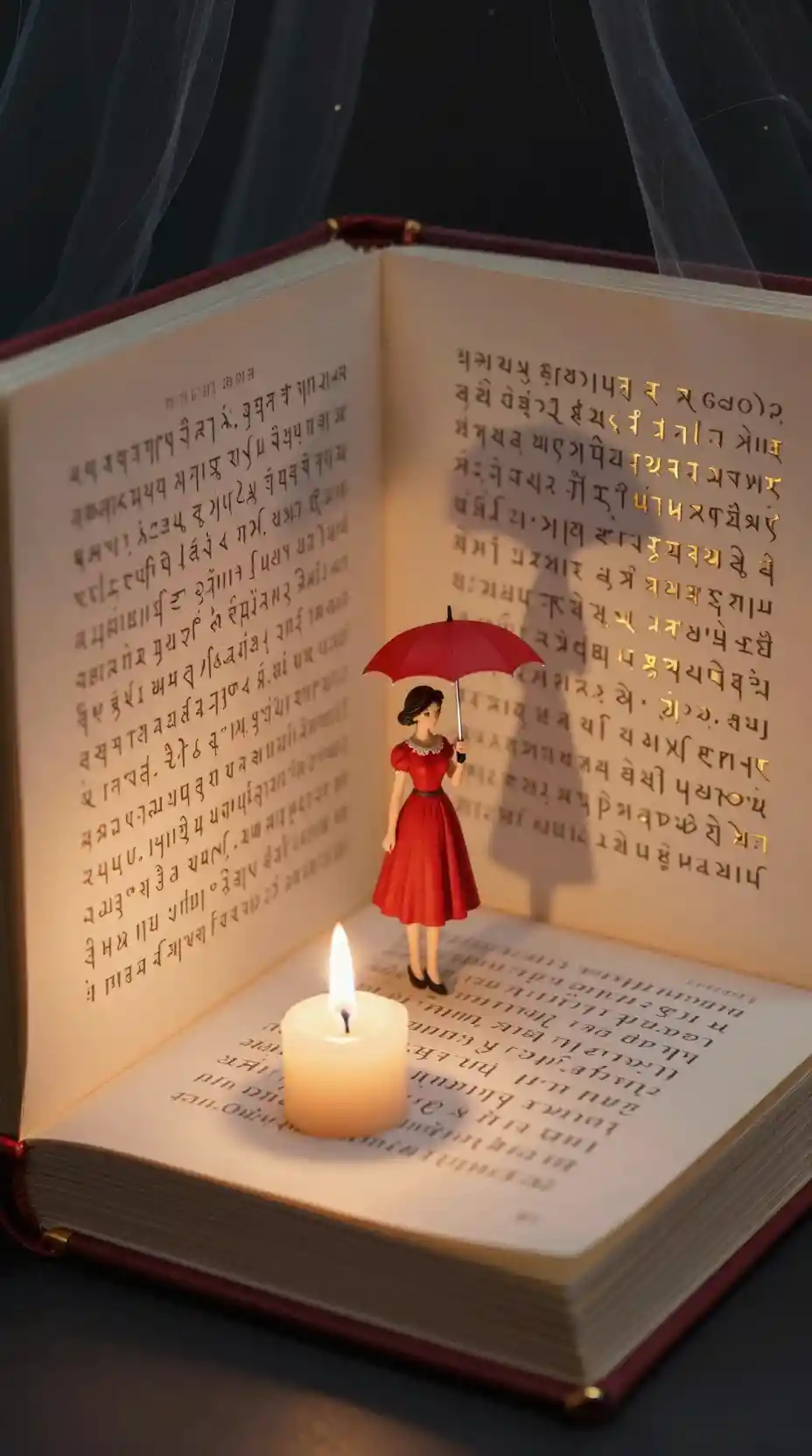 Minuscule figurine de femme entre les pages d’un livre à la lumière d’une bougie