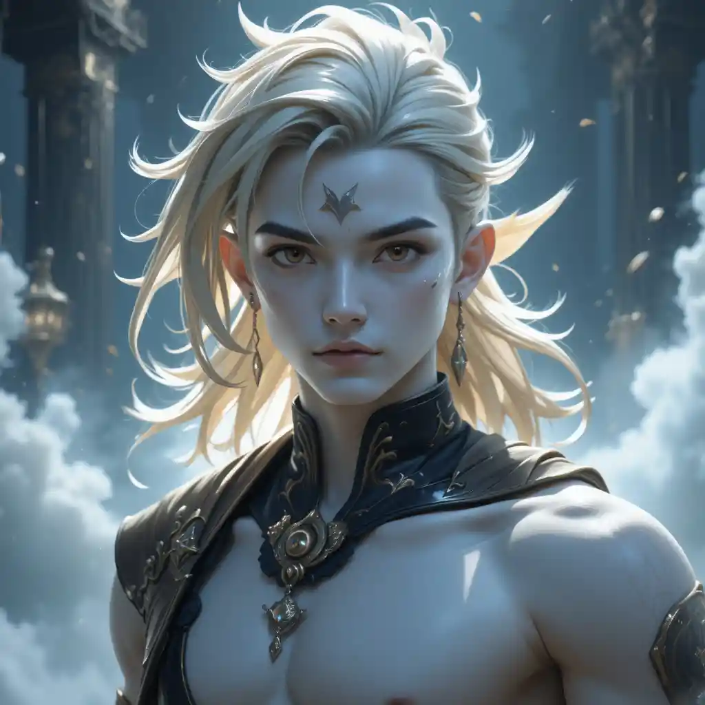 茶色い瞳と砂色ミディアムヘアの若いファンタジー少年