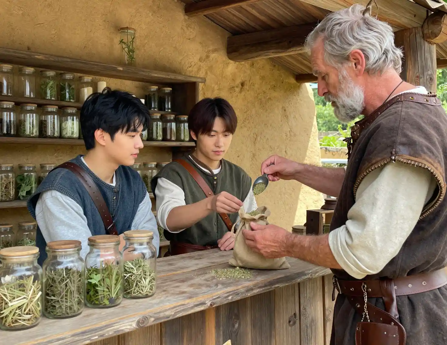 Jeunes hommes dans une herboristerie fantastique rustique remplie d’herbes