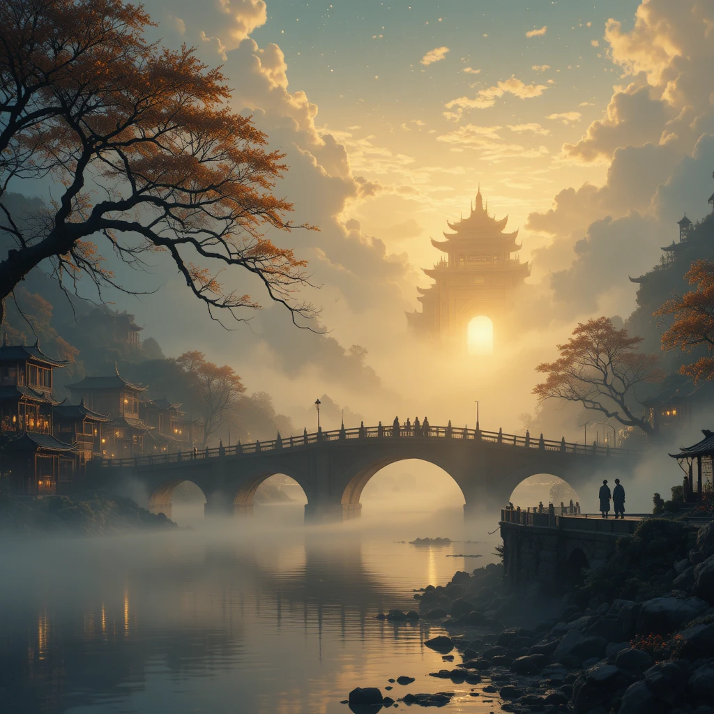 Cidade ribeirinha chinesa enevoada ao amanhecer com antiga ponte de pedra