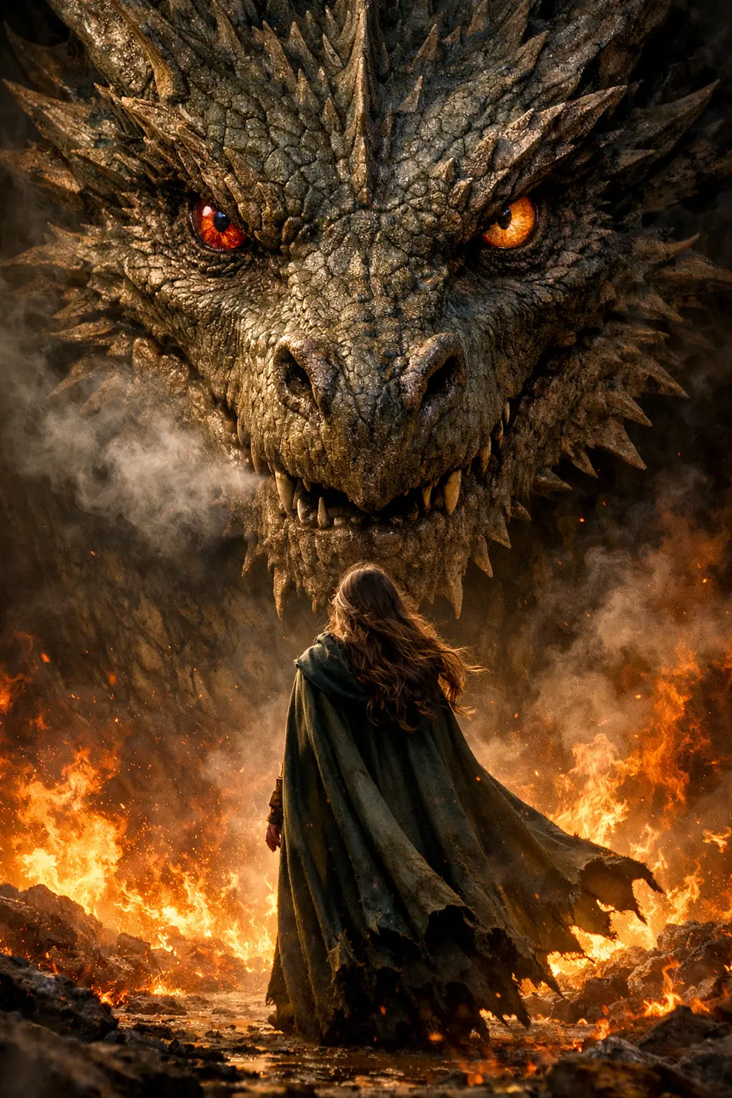 Dragon looming over cloaked woman in fiery fantasy scene