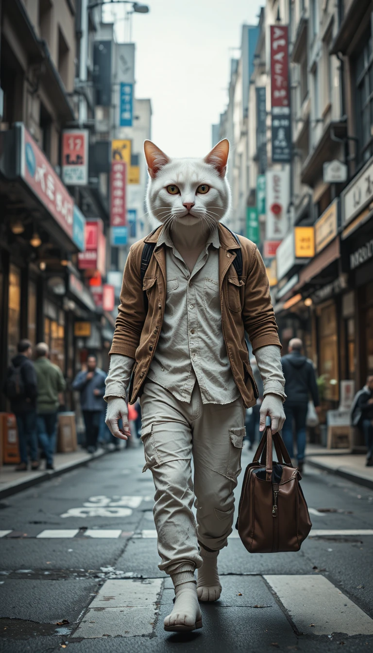 Gato branco antropomórfico caminhando por uma rua movimentada da cidade