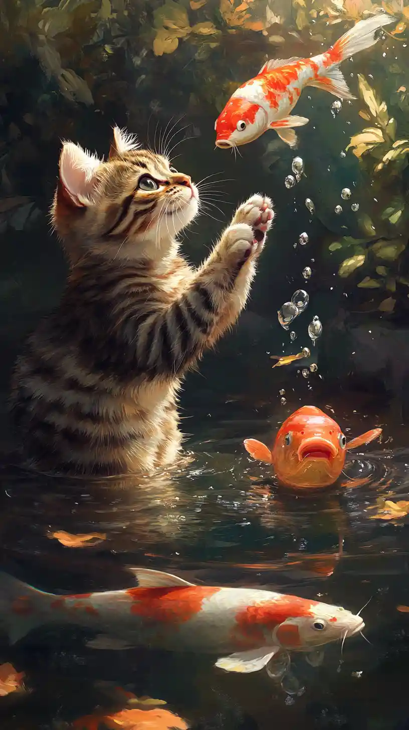 Tabby cat catching koi in a tranquil fantasy pond