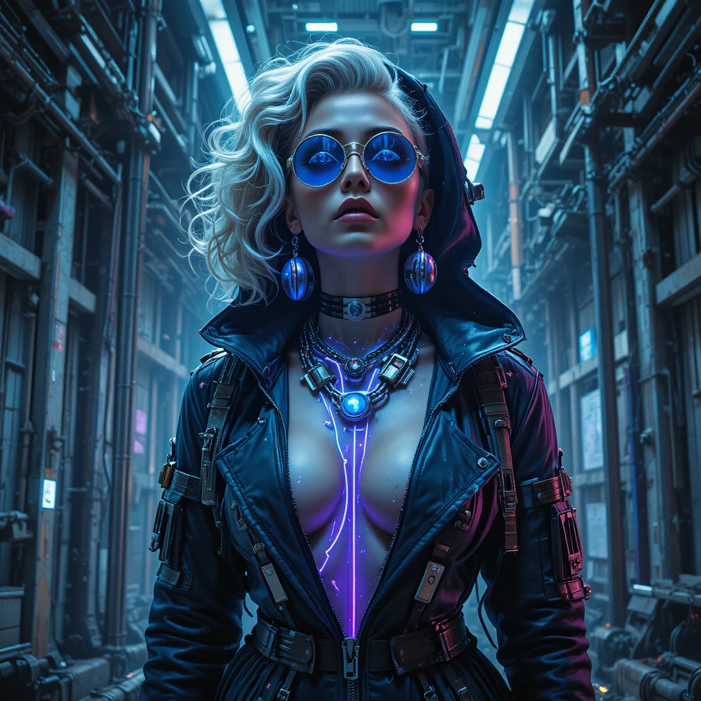 Femme fatale cyberpunk in un vano di ascensore orbitale