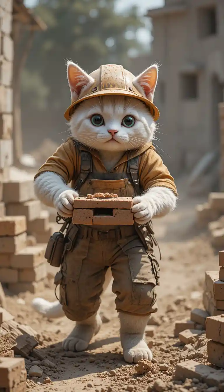 Gatto bianco antropomorfo che trasporta mattoni in un cantiere edile