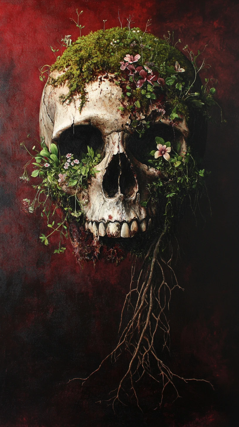 Cracked human skull with moss and flowers in dramatic light