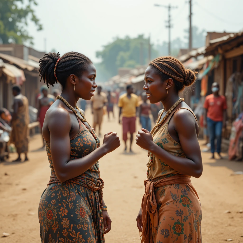 Mujeres africanas enfadadas discutiendo en una polvorienta calle del pueblo