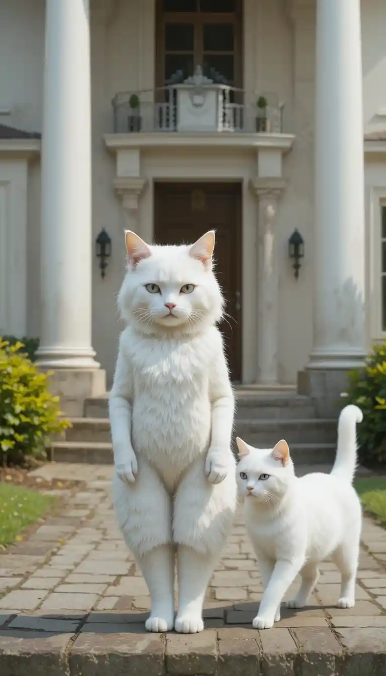 Traurige anthropomorphe weiße Katze vor einem Luxushaus