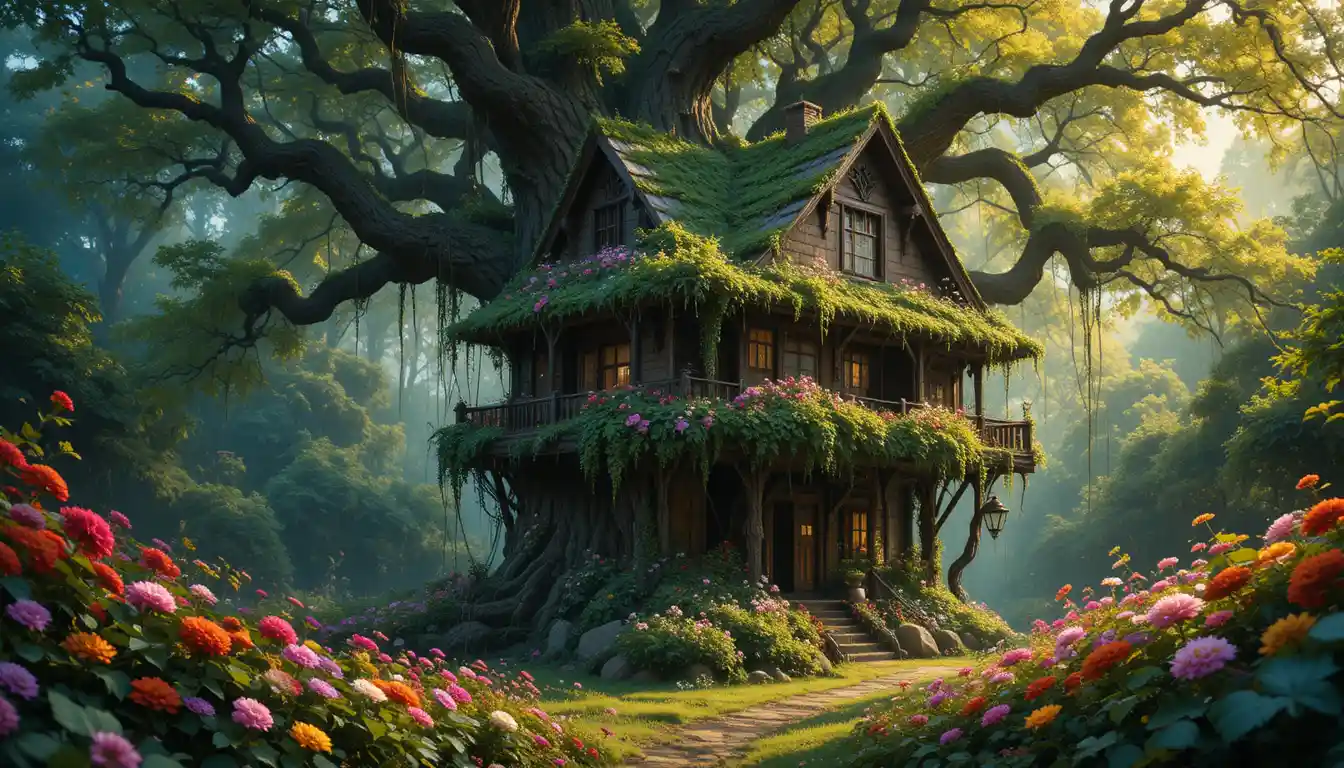 Casetta sull’albero nascosta nel verde rigoglioso con fiori colorati