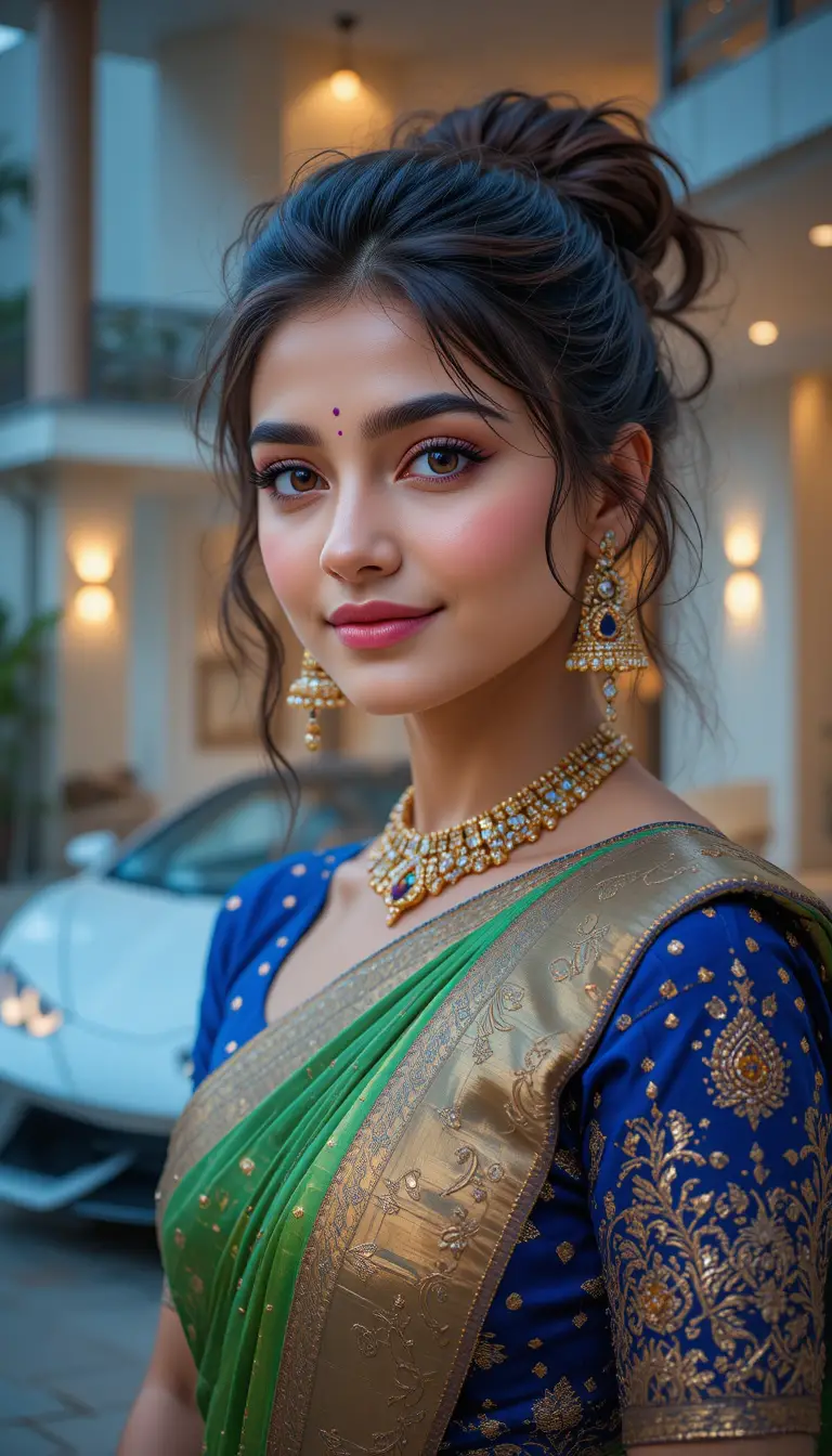 Ragazza indiana sorridente in sari verde accanto a villa di lusso