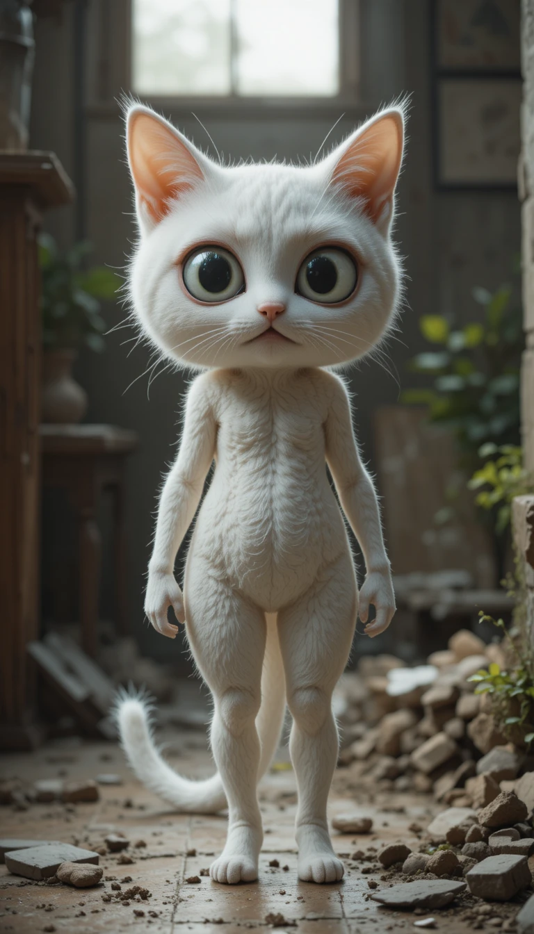 Anthropomorphe weiße Katzenfrau schockiert von einem zerbrochenen Zuhause