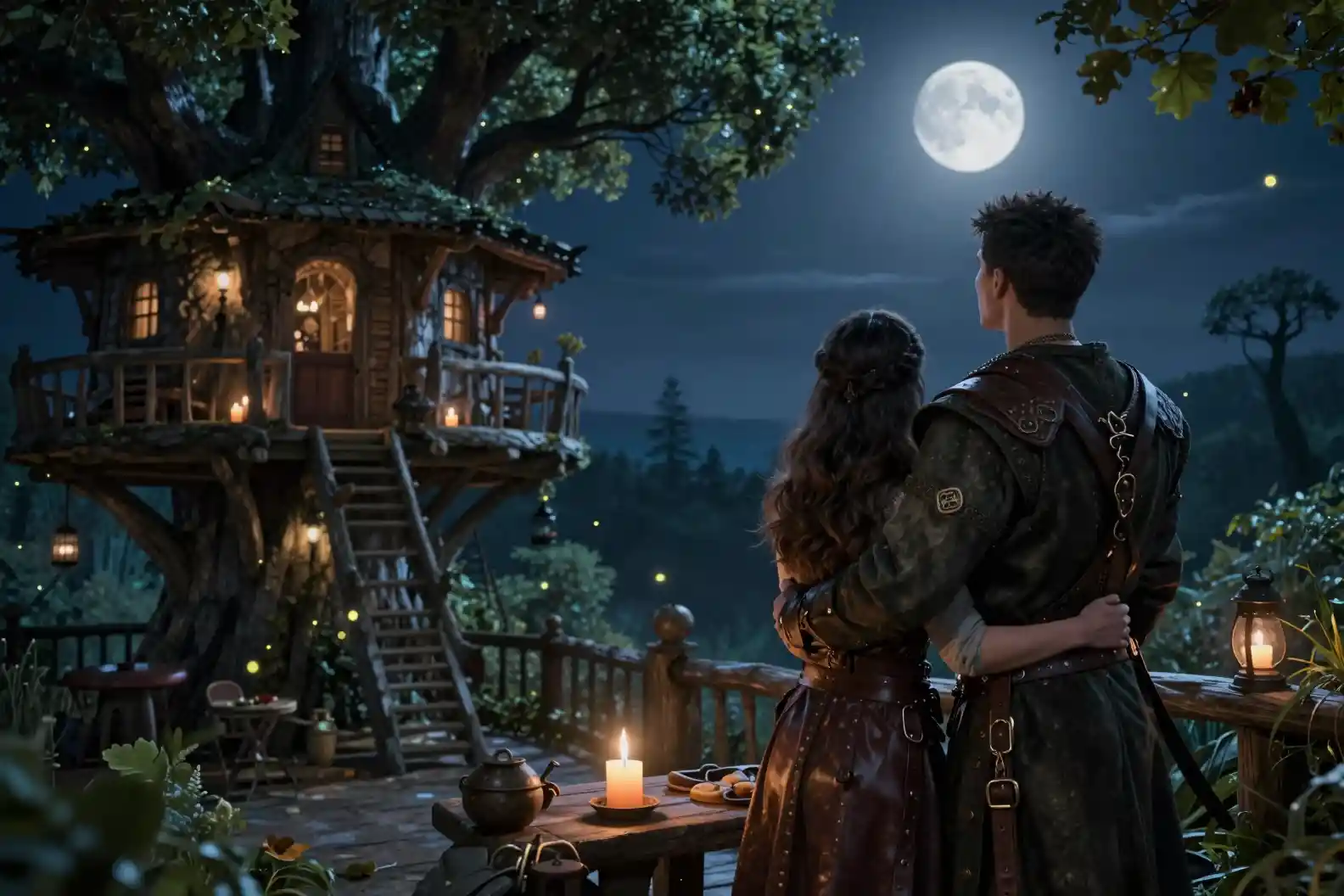 Fantasy couple embracing on a treehouse tavern terrace