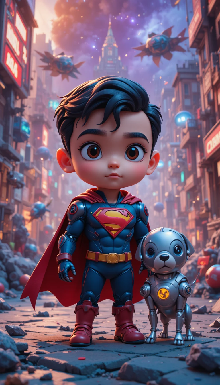 Menino pequeno super-herói espacial com cachorro robótico fofo