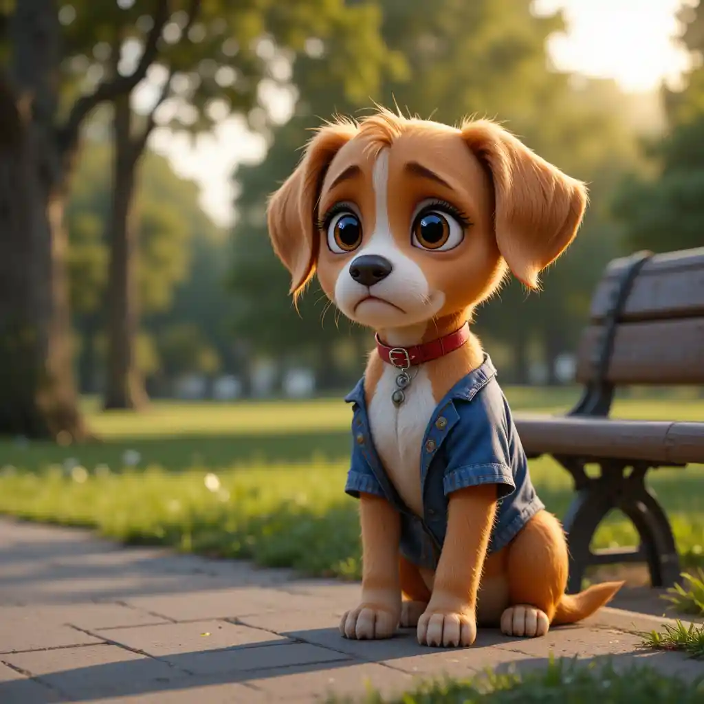 Chiot triste en chemise bleue déchirée assis près d’un banc de parc