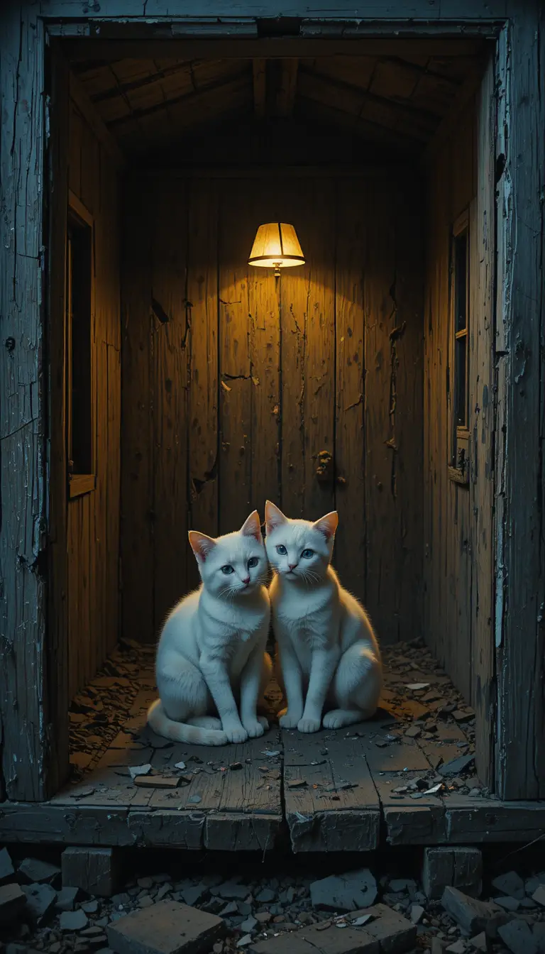 Dois gatos brancos em uma casa de madeira quebrada à noite