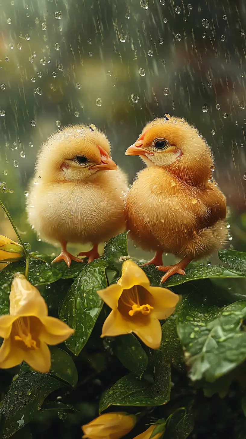 Süße Küken zwischen gelben Blumen nach dem Regen