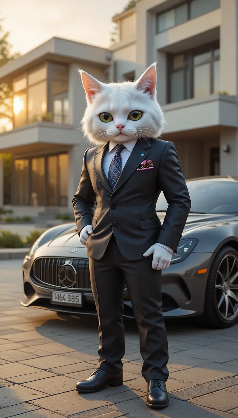 Chat blanc sûr de lui en costume à côté d’une voiture de luxe et d’un manoir