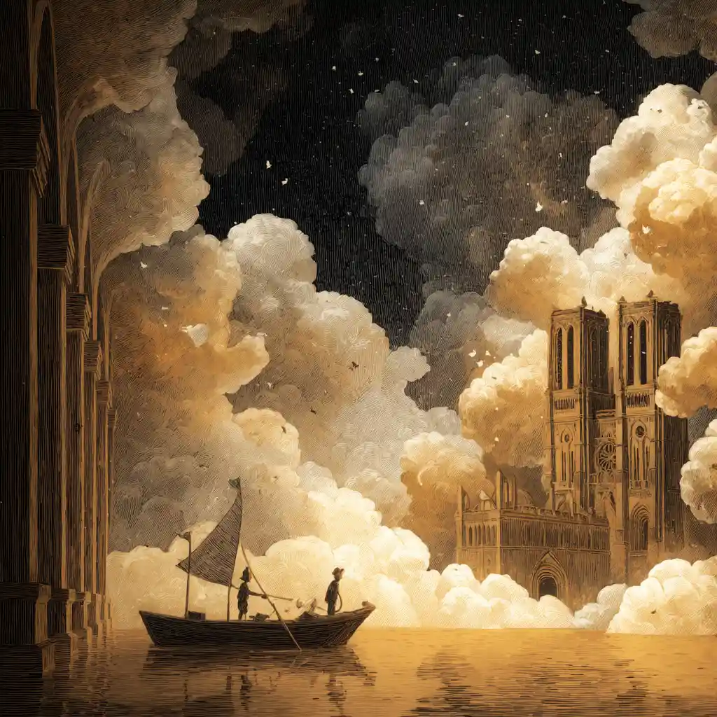 Voyage de pirate surréaliste à travers une cathédrale flottante de nuages