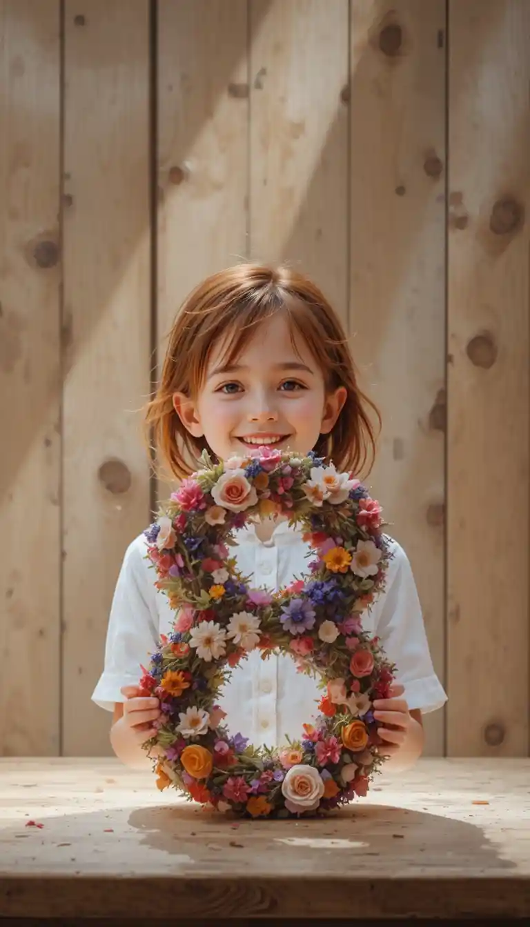 Niña pelirroja sonriente con diseño floral del número ocho