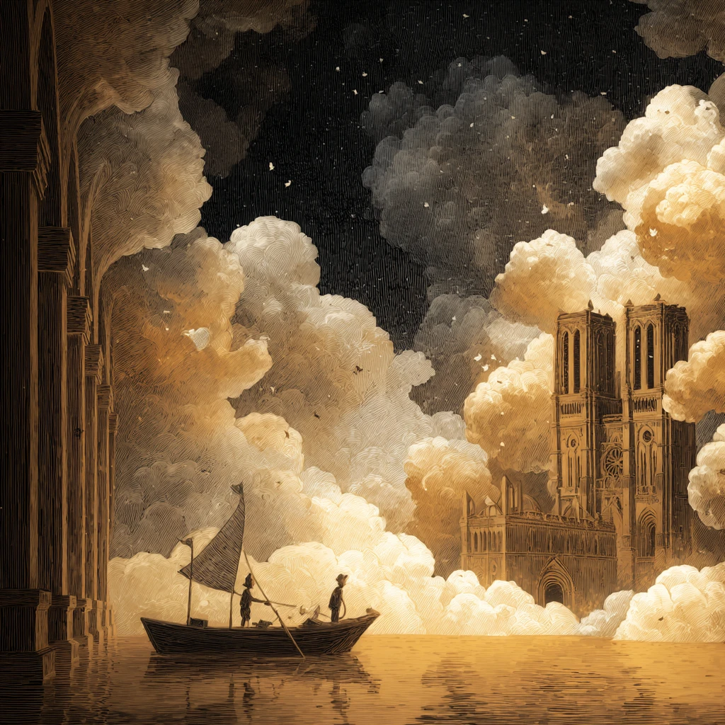 Voyage de pirate surréaliste à travers une cathédrale flottante de nuages