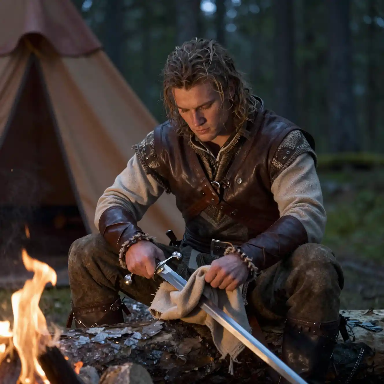 Young man cleaning a sword by a forest campfire