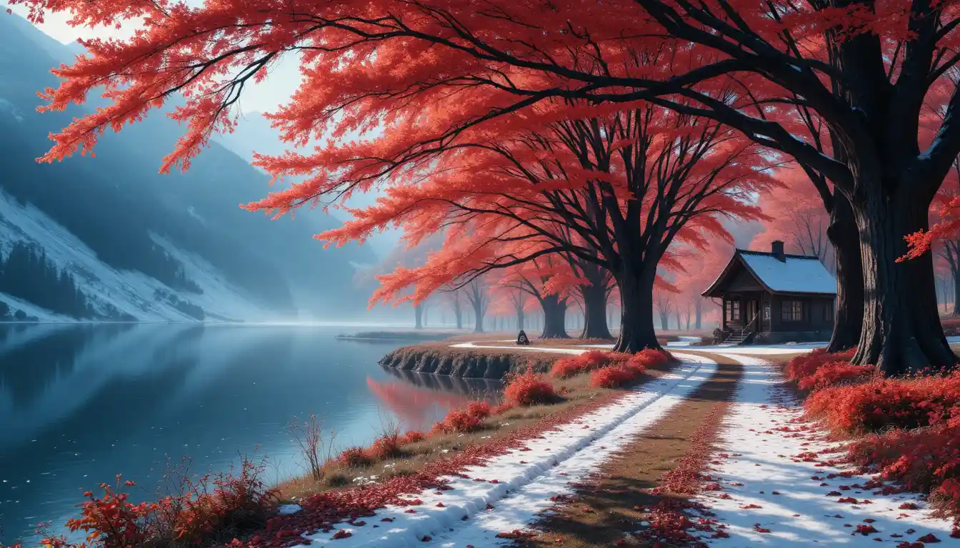 Forest path by a lake leading to a cozy wooden cabin