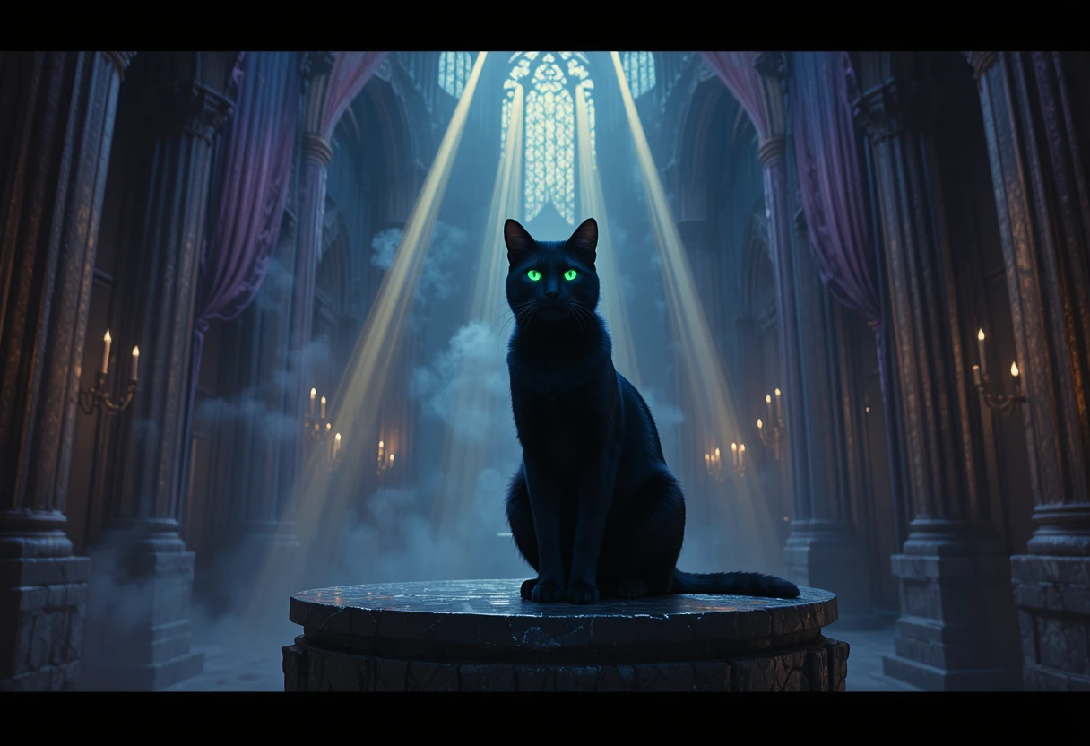 Gato preto em pedestal de obsidiana em catedral gótica futurista