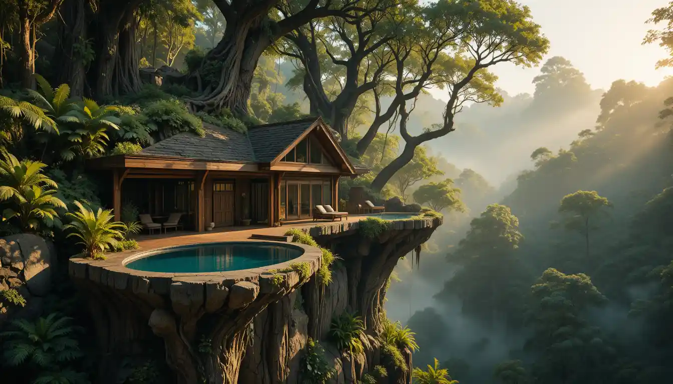 Luxury treehouse with infinity pool in lush rainforest
