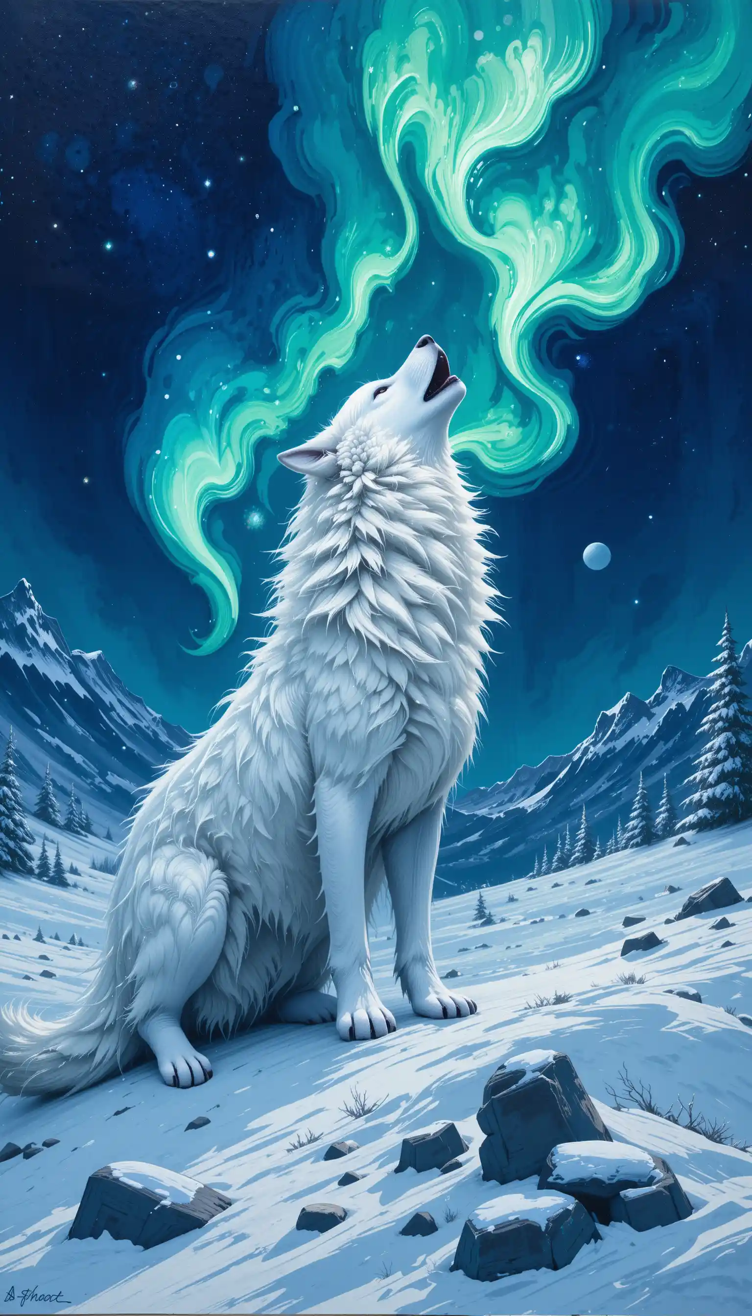 Lobo branco uivando sob o céu iluminado pela aurora boreal
