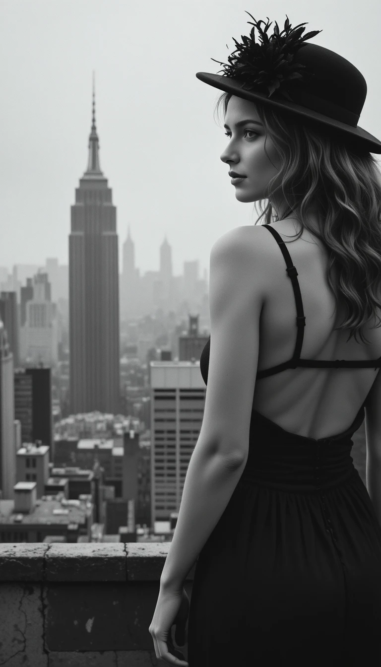 Femme rousse de profil sur un toit brumeux à New York