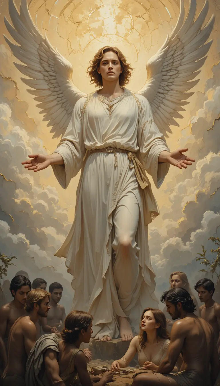Melancholic angel watching human vices from golden clouds