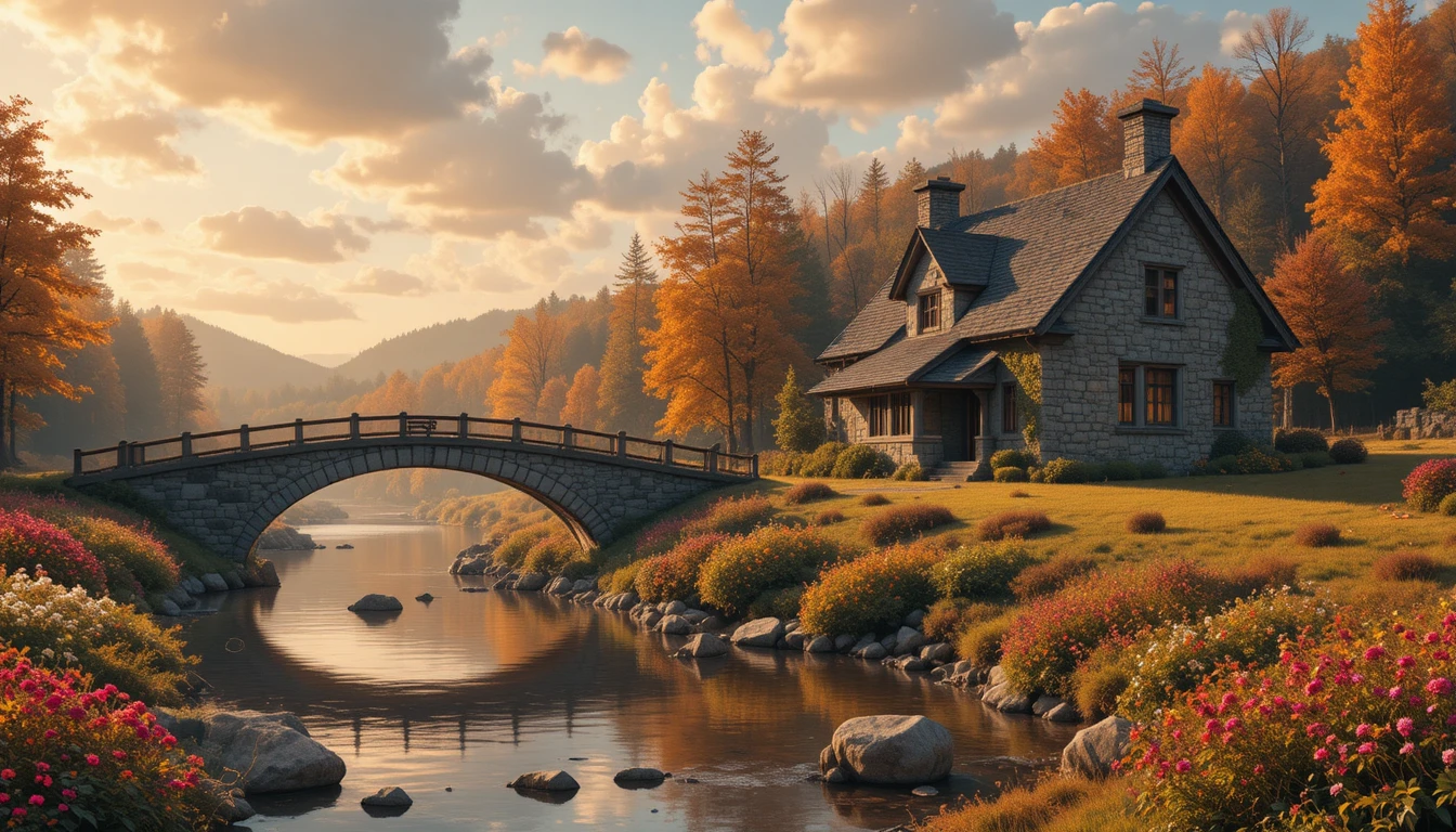 Stone cabin by a stream with autumn forest reflections