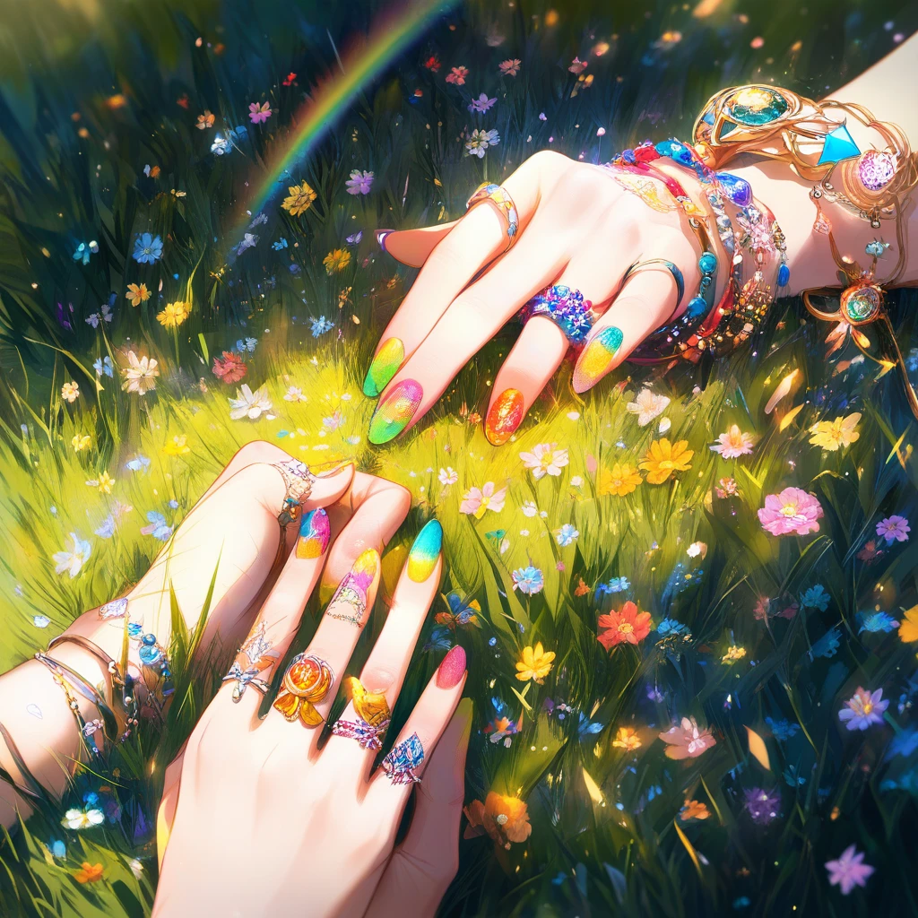 Mädchenhand mit Regenbogen-Nägeln auf grünem Gras