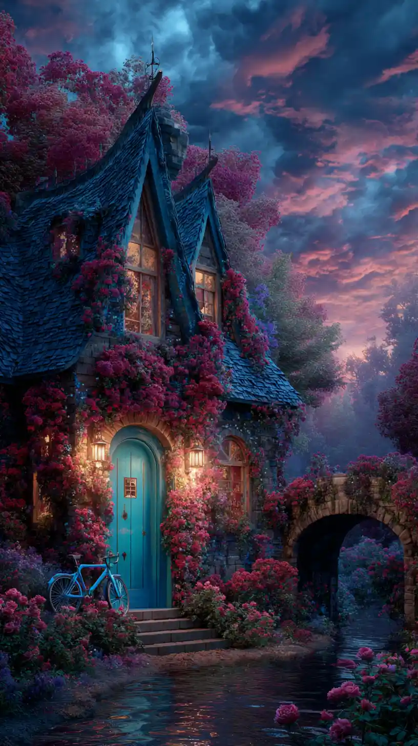 Cottage de conte de fées au bord d’un ruisseau miroitant au crépuscule