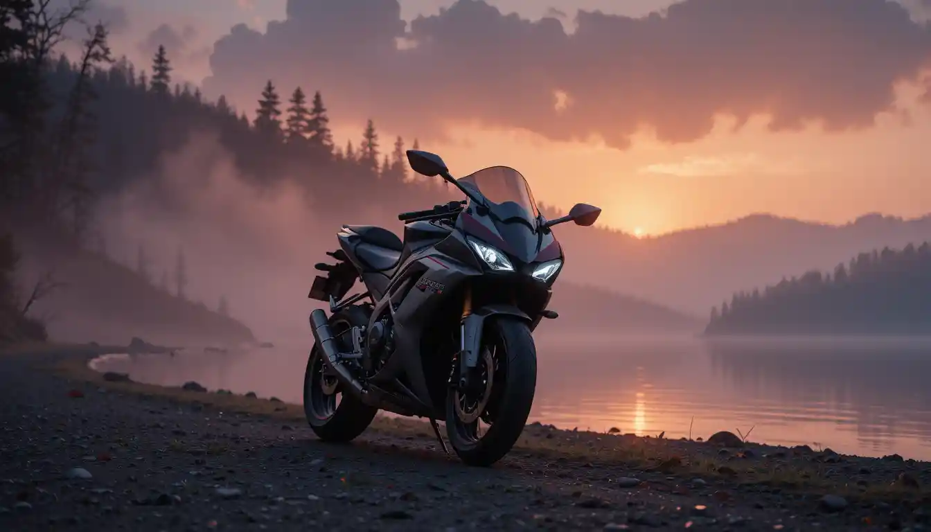 Moto esportiva em lago de floresta enevoado ao pôr do sol